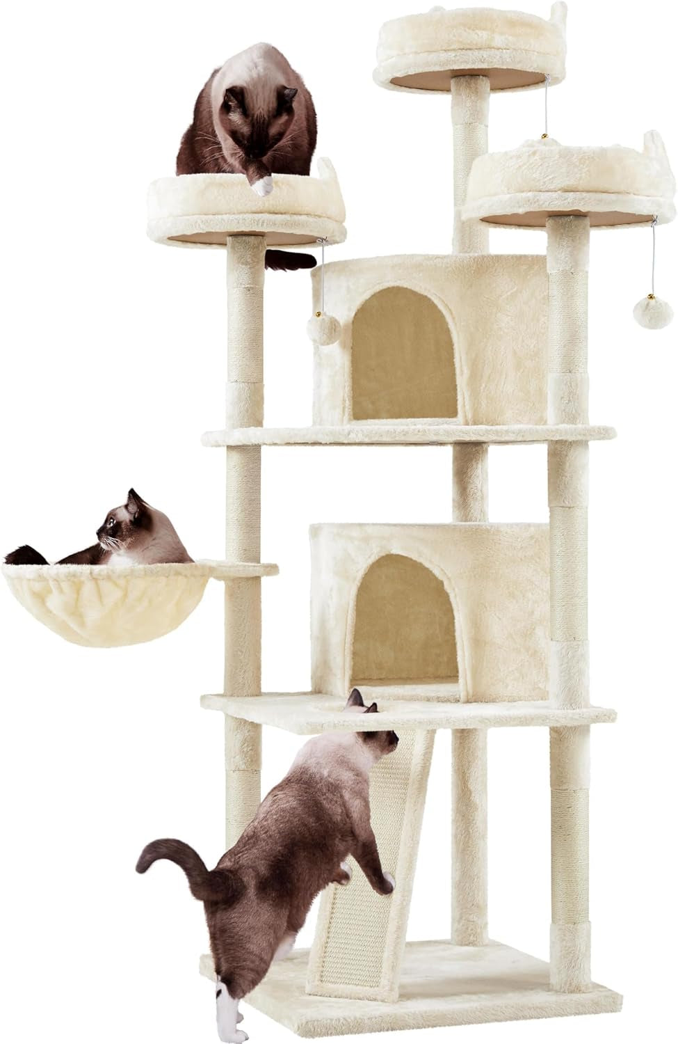 Yaheetech 69In Cat Tree Tower, 2 Condos, Scratching Posts & Cat-Ear Perches | Sturdy Anti-Wobble Base, Soft Basket, Climbing Ramp, Easy Assembly, Fits Large Indoor Cats & Multi-Pet Households, Dark Gray