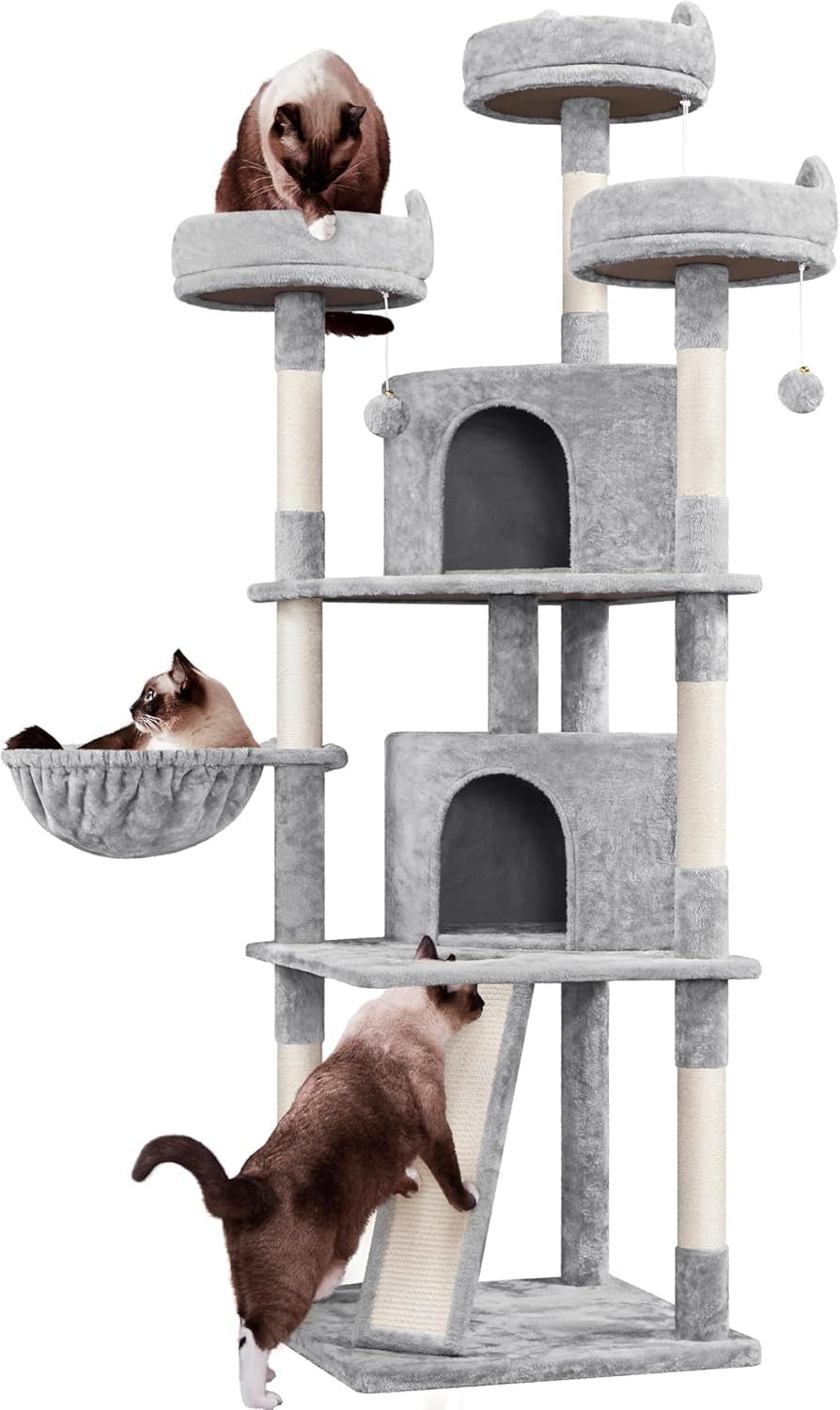 Yaheetech 69In Cat Tree Tower, 2 Condos, Scratching Posts & Cat-Ear Perches | Sturdy Anti-Wobble Base, Soft Basket, Climbing Ramp, Easy Assembly, Fits Large Indoor Cats & Multi-Pet Households, Dark Gray