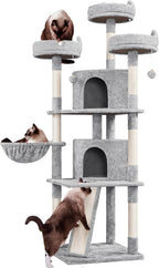 Yaheetech 69In Cat Tree Tower, 2 Condos, Scratching Posts & Cat-Ear Perches | Sturdy Anti-Wobble Base, Soft Basket, Climbing Ramp, Easy Assembly, Fits Large Indoor Cats & Multi-Pet Households, Dark Gray